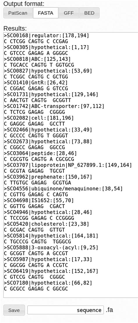 PatScan output displayed in FASTA format. Different output formats can