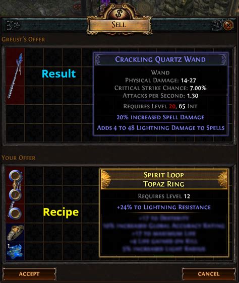 Path of exile vendor recipes. Vendor recipe: Manual: 1: Orb of Fusing Orb of Fusing Stack Size: 20 Reforges the links between sockets on an item Right click this item then left click a socketed item to apply it. The item's quality increases the chances of obtaining more links. Shift click to unstack. 5: Emperor's Luck Emperor's Luck 5 5x Currency The house always wins. 5x ... 