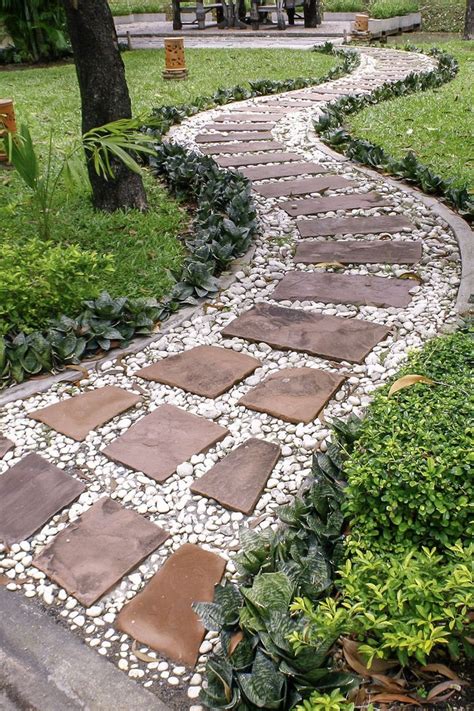 Path with stepping stones. Use grass, pebbles, flowers, or stones between flagstones. Make your walkway unique with a combination of stepping stone sizes and colours in your design. We ... 