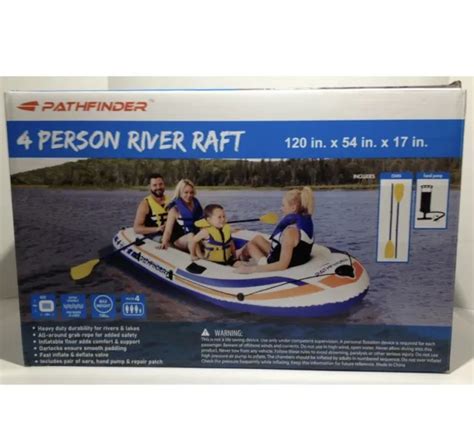 breadcrumb. Sporting Goods; Water Sports; Kayaking, Canoeing & Rafting; Water Sports; Kayaking, Canoeing & Rafting; Inflatables; See more Pathfinder 4 Person Inflatable River Raft Boat. 
