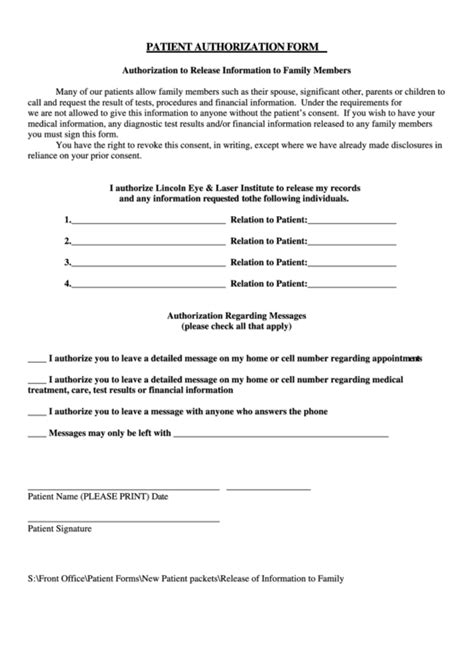 Patient Authorization Form Authorization To Release Information To