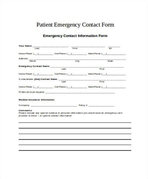Patient Emergency Contact Form in Word and Pdf formats