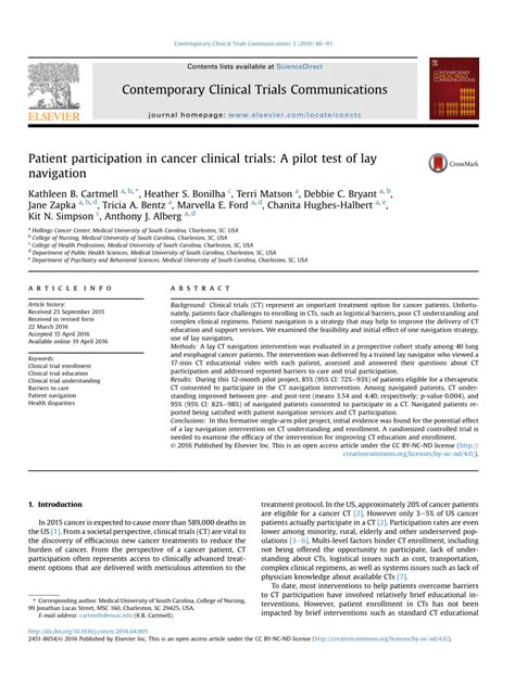 Patient Participation In Cancer Clinical Trials A Pilot Test Of Lay Navigation