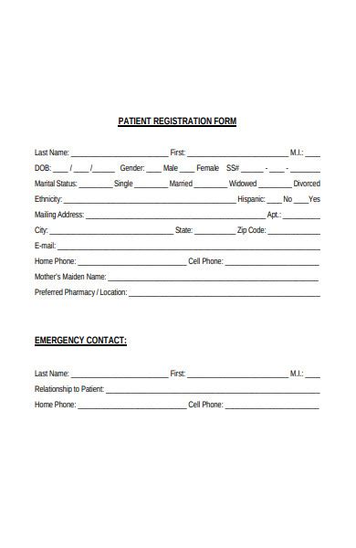 Patient registration form in Word and Pdf formats