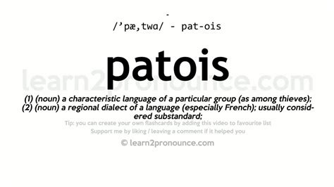 Patois definition. dialect: [noun] a regional variety of language distinguished by features of vocabulary, grammar, and pronunciation from other regional varieties and constituting together with them a single language. one of two or more cognate (see 1cognate 3a) languages. a variety of a language used by the members of a group. a variety of language whose ... 