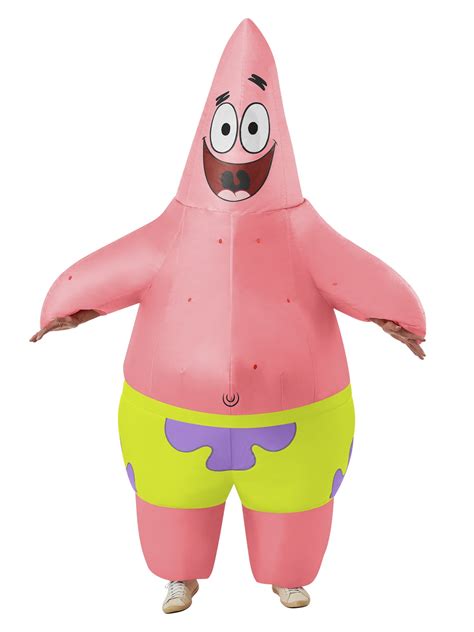 Inflatable adult Patrick Star costume with battery operated fan. Fan requires 4, AA batteries (not included); do not use rechargeable, nickel-cadmium; remove batteries from fan while not in use. CREATE FUN GROUP LOOKS with SpongeBob SquarePants costumes in a variety of sizes and styles..