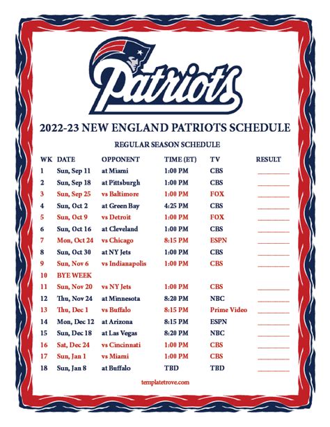 Patriots Printable Schedule 2022 23