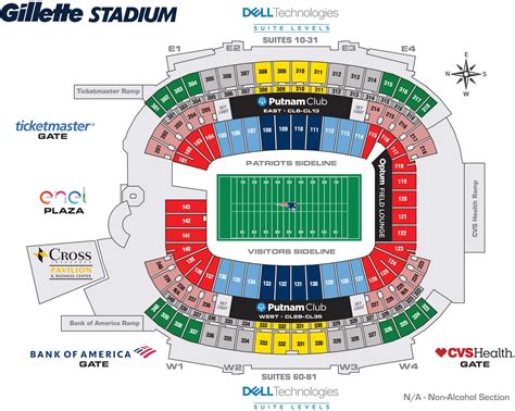 Patriots seating map. Section 109 Seating Notes. These seats are located behind the Patriots sideline. For football games, we recommend rows 20-38 for impressing a guest. For football games, we recommend rows 20-38 for great views of the field. For football games, desirable view from near midfield. Views from near midfield for soccer matchs. 