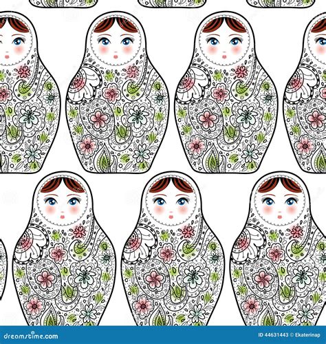 Pattern with the Russian Dolls Matrioshka Babushka on Sketch White