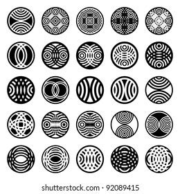 Patterns in circle shape. 25 design elements. Set 1. Vector art. Stock