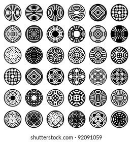 Patterns in circle shape. 36 design elements. Set 2. Vector art