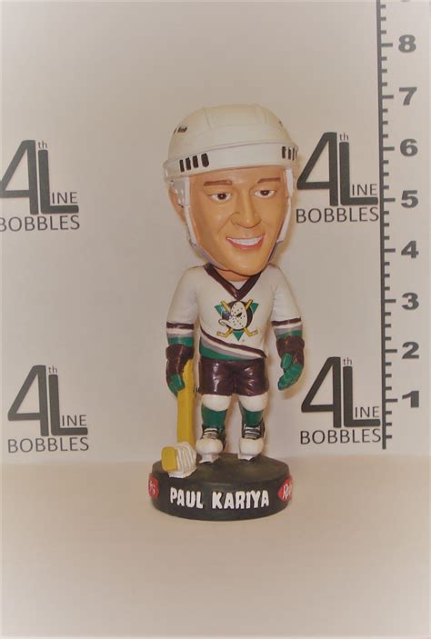 Paul kariya bobblehead. Celebrate the legacy of Anaheim Ducks' great Paul Kariya with this bobble head. This original piece from the Ducks' 30th anniversary collection features Kariya in his iconic jersey, making it a must-have for any hockey fan. The bobble head is in excellent condition and will make a great addition to any collection. Don't miss out on this opportunity to own a piece of history! 