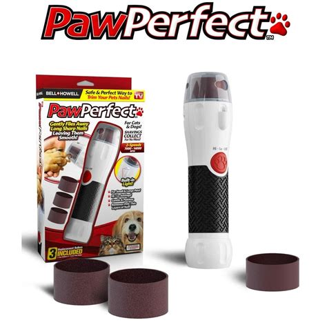 Paw perfect. Paw Perfect Nail Trimmer. Traditional nail clipping for cats and dogs can be painful. The Paw Perfect from Bell and Howell is the safe and perfect way to trim your pets nails. It gently files away long, sharp nails leaving them smooth. The innovative design collects the shavings so there is no mess. It features 2 speeds: 7000 rpm … 