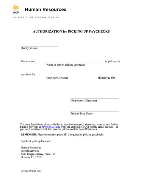 Pay Check Pick Up Authorization Form Fill and Sign Printable Template