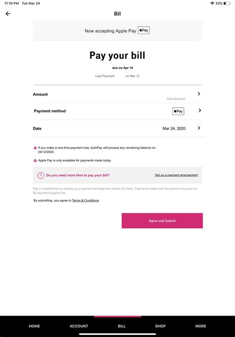 Pay my tmobile bill online. Payment Kit Pay your bill is a convenient and secure way to pay your T-Mobile bill online. You can use your credit card, debit card, or bank account to make a one-time payment or set up automatic payments. You can also view your payment history and manage your payment preferences. 