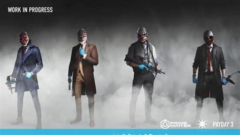 Payday 3 characters. In PAYDAY 3, players can once again customize masks to personalize their character. A custom mask consists of a color scheme and a pattern. Masks in PAYDAY 3 can be purchased from the shop vendor, by buying the silver and gold editions of the game, or by claiming infamous rewards from... 