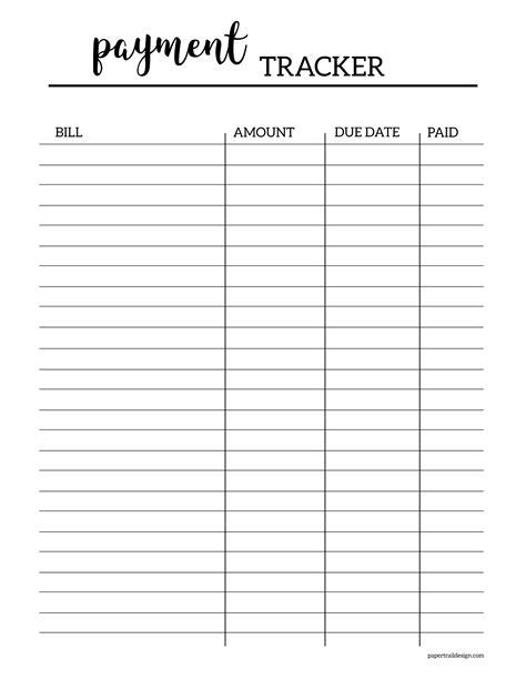 Payment tracker. Debt Payoff Tracker is printable that helps you organize your debt payments. It has space for you to list all of your debts, starting balance, the month it is due, and the ending balance. Use this tracker to see how much debt you've paid off and how much you have left. Debt Payoff Tracker will be helpful if you're struggling to keep track of ... 