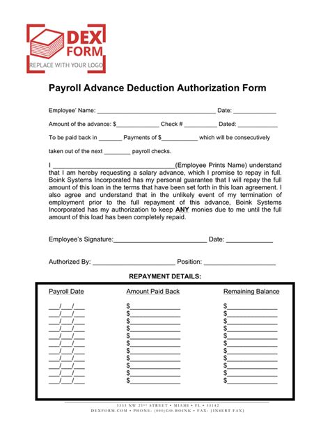Payroll advance deduction authorization form in Word and Pdf formats