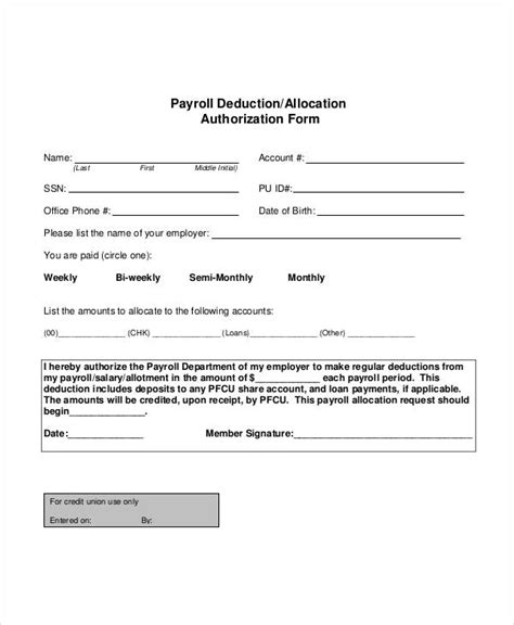 Payroll deduction authorization form in Word and Pdf formats