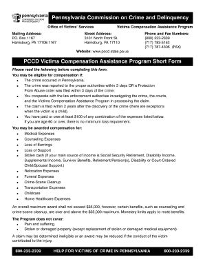 Pccd Victims Compensation Assistance Program Short Form printable pdf