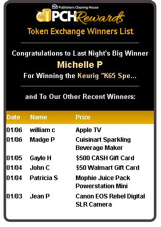 Pchrewards. Enter Any Giveaway To Unlock Tomorrow's Mystery Gift! Token Exchange Winners List Congratulations to Last Night’s Big Winners! $75 Best Buy Gift Card. $100 Olive Garden Gift Card. Roy R. 10/22. $100 Lowe’s Gift Card. Loretta W. 