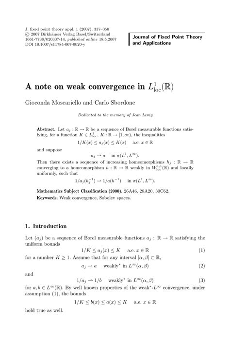 Pdf A Note On Weak Convergence In L 1 Rm Loc Mathbb R