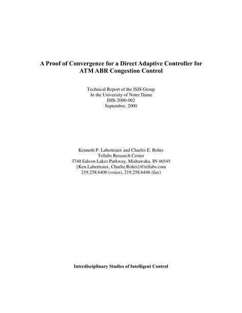 Pdf A Proof Of Convergence For A Direct Adaptive Controller For Atm Abr Congestion Control