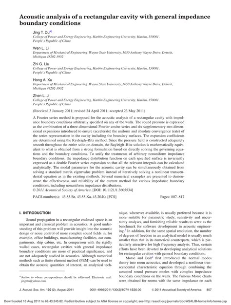 Pdf Acoustic Analysis Of A Rectangular Cavity With General Impedance Boundary Conditions