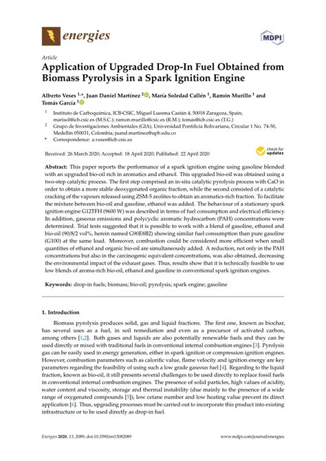 Pdf Application Of Upgraded Drop In Fuel Obtained From Biomass Pyrolysis In A Spark Ignition Engine