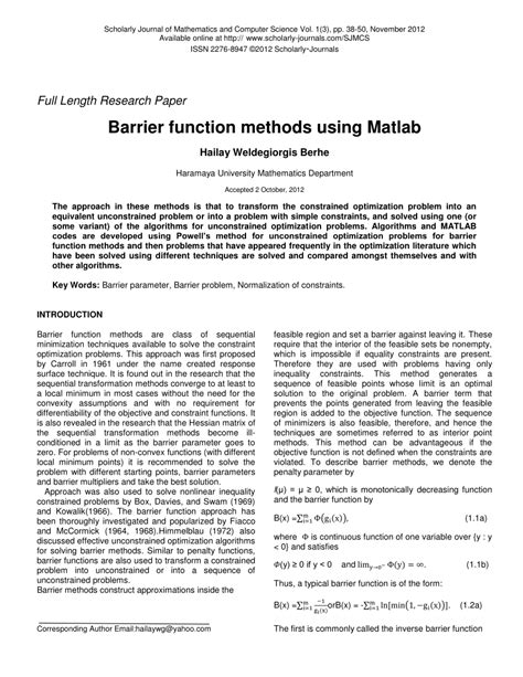 Pdf Barrier Function Methods Using Matlab