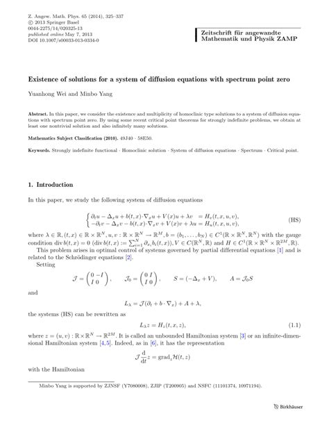 Pdf Existence Of Solutions For A System Of Diffusion Equations With Spectrum Point Zero