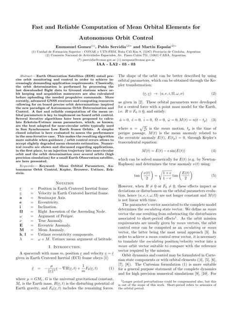 Pdf Fast And Reliable Computation Of Mean Orbital Elements For Autonomous Orbit Control
