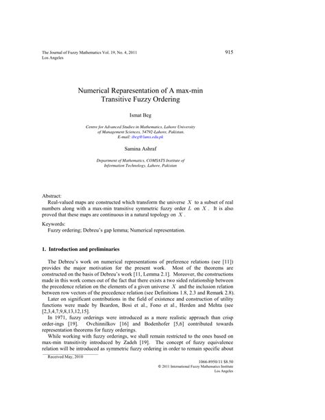 Pdf Numerical Reparesentation Of A Max Min Transitive Fuzzy Ordering