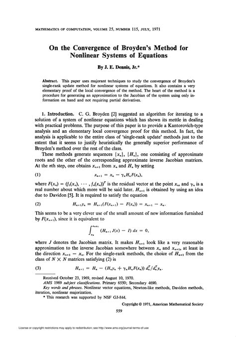 Pdf On The Convergence Of Broyden S Method For Nonlinear Systems Of Equations