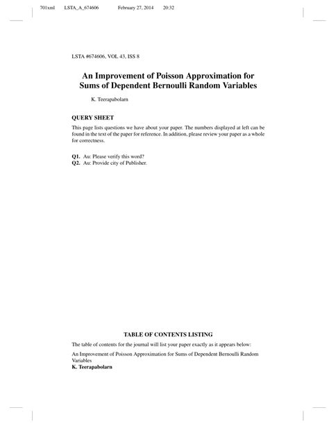 Pdf Poisson Approximation For Sums Of Dependent Bernoulli Random Variables