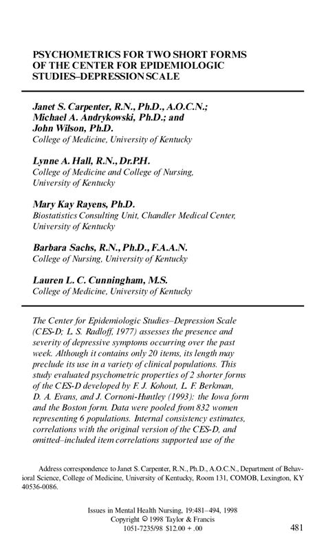 Pdf Psychometrics For Two Short Forms Of The Center For Epidemiologic Studies Depression Scale