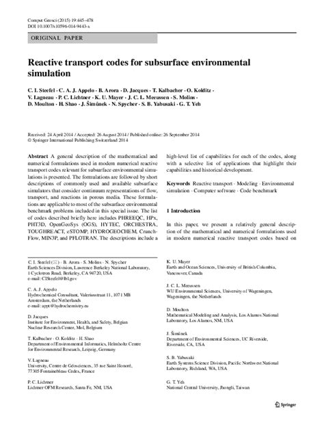 Pdf Reactive Transport Codes For Subsurface Environmental Simulation