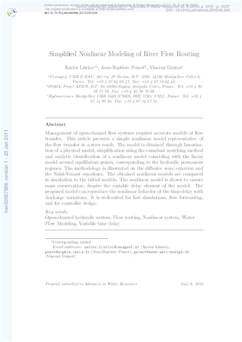 Pdf Simplified Nonlinear Modeling Of River Flow Routing