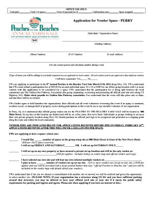 Peaches to beaches vendor application. As you are traveling during this event, look for the The Official Site Banners and Official Vendor Yard Signs which will be located along Hwy 341 for places to stop and shop! The route for the Peaches to the Beaches Yard Sale is along Georgia Hwy 341 and includes the following counties: Glynn (Brunswick); Wayne (Jesup & Odum); Appling (Baxley ... 