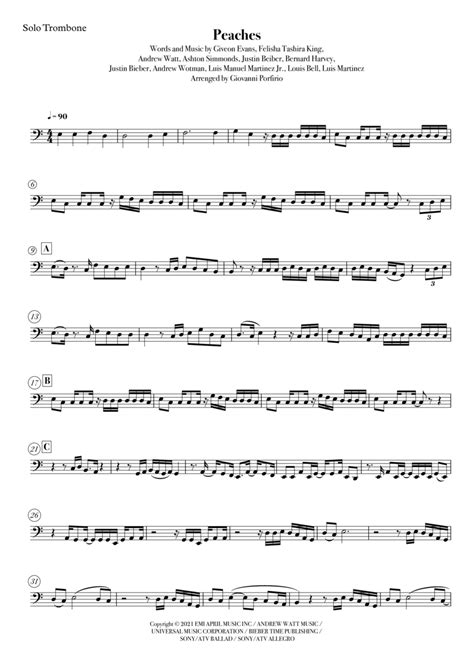 Peaches trombone sheet music. Made by Jazzy Jackpot. Music notation created and shared online with Flat 