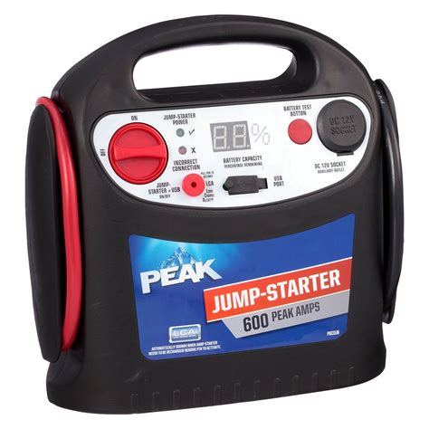 Peak 750 amp jump starter manual. Portable 9 Ah unit delivers a peak power of 750 amps. Designed to jump start batteries in engines up to 8 cylinders. All-weather construction can handle use during harsh conditions. Built-in 160 PSI air compressor lets you inflates tires and other equipment. 2.1A USB port for charging electronics devices. 