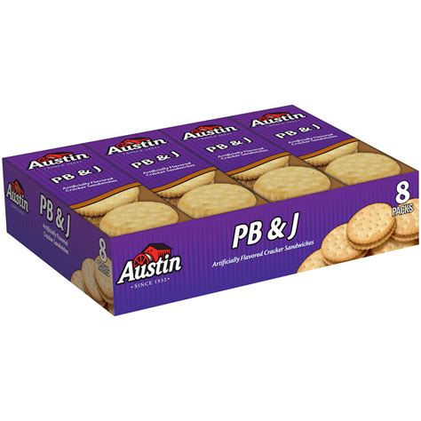 Peanut butter jelly crackers. Creamy peanut butter spread between crunchy toasted crackers. Makes a satisfying snack or addition to school lunches. 6 crackers per pack. (12) 8-count boxes per case; 96 packs total. Individually wrapped packs offer easy service and enhanced sanitation. UPC Code:00079783101150. 