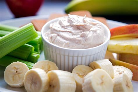 Peanut butter yogurt. Make Peanut Butter Yogurt Dip by mixing together yogurt and peanut butter. Add cinnamon & serve with slices of fruit or vegetables. 