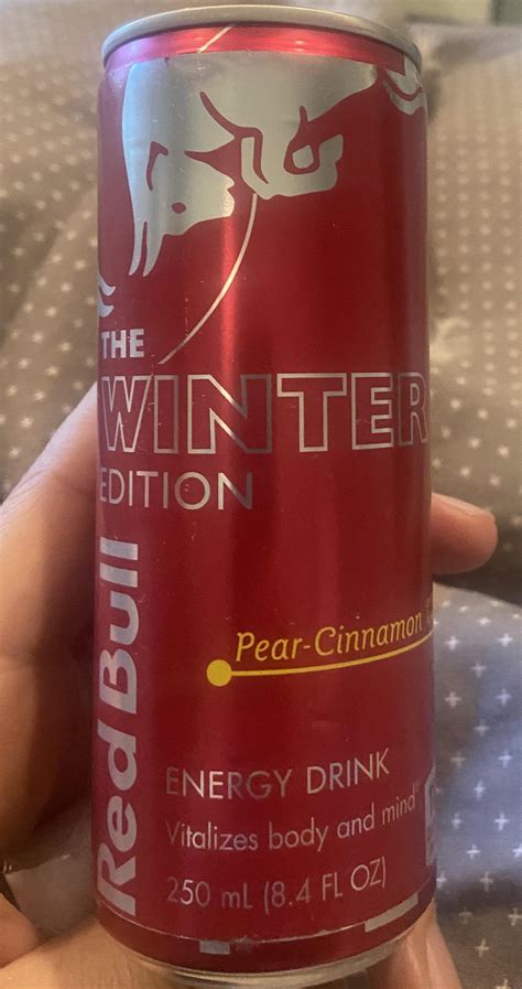 Pear cinnamon red bull. Red Bull Winter Edition Pear Cinnamon Energy Drink contains caffeine, taurine, B vitamins, real sugar and water to help get you ready to fly through work, adventures, gaming and more. Drink straight from the can or pour into a glass over ice. Store Red Bull in the fridge to stay ready for any occasion. Red Bull gives you Wiiings. 