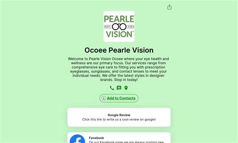 Welcome to Pearle Vision Ocoee where your eye health and wellness are our primary focus. Our services range from comprehensive eye care to fitting you with prescription eyeglasses, sunglasses, and contact lenses to meet your individual needs. We offer the latest styles in designer brands. Stop in today!.