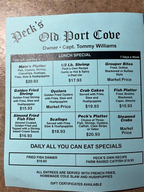 Latest reviews, menu and ratings for Peck`s Old Port Cove in Crystal River - ⏰ hours, ☎️ phone number, 📍 address and map. Home/ United States/ Florida (FL)/ Crystal River/ Peck`s Old Port Cove; Reservation Order now. Peck`s Old Port Cove in Crystal River . 4 / 5. 50 ...
