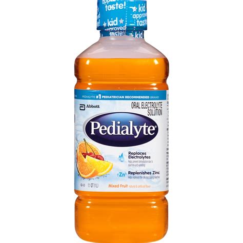 It quickly replenishes fluids and is formulated to replace electrolytes you may lose from exercise. Available In: Lemon Lime. 1 liter (33.8 fl oz) Fruit Punch. 1 liter (33.8 fl oz) * Pedialyte Sport has 1380 mg sodium and no more than 14g sugars per liter; leading sports drink has ~460 mg sodium and ~58 g sugars per liter.. 