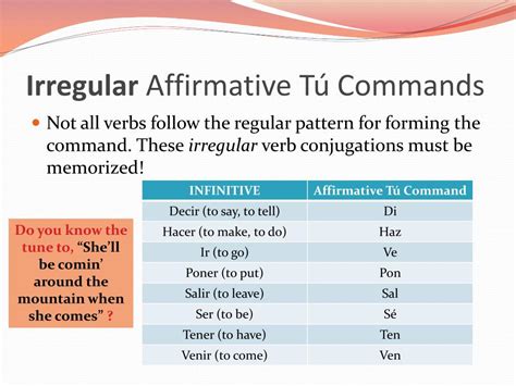 Affirmative Informal Commands To tell someone you address as tú to do something, you use an affirmative informal command. Example: shut the door, open the refrigerator, cut the carrots To form the affirmative informal command of regular or stem changing verbs in Spanish, you drop the –s from the end of the tú form of the verb. Examples: . 