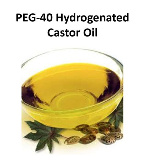 Peg 40. Product name : PEG 40 (Hydrogenated Castor Oil) Synonyms : Polyethyleneglycol monostearate INCI name : PEG-40 Hydrogenated Castor Oil CAS # : 61788-85-0 Country of Origin : USA Product use : Domestic and Industrial Supplier : New Directions Aromatics Inc. Address : 6781 Columbus Road, Mississauga, Ontario, CANADA L5T 2G9 Fax : 905-362-1926 