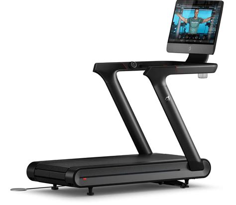 Peloton tread mill. Tread specs. Arrow. Dimensions: 68" L x 33" W x 62" H. Belt: 59" L x 20" W. Step-up height: 8". 23.8" HD touchscreen with a vertical tilt up to 59°. Total Tread weight: 290 lbs. Front-facing stereo speakers and rear-facing woofers with 26 watts of total power. Speed and incline knobs to easily adjust controls without breaking your stride. 